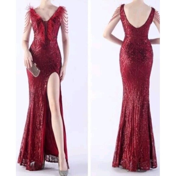 Red, Geo Print, Ostrich Feather V Neck, Beaded Sleeves, Sequined Mermaid Gown - Picture 3 of 14